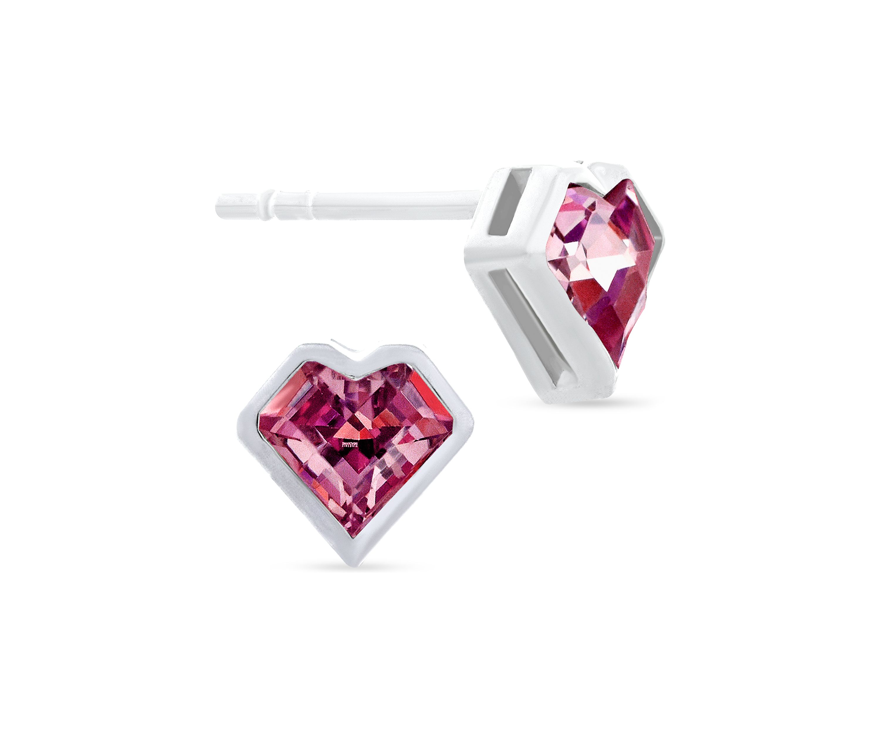 Red Cubic Zirconia Bezel Heart Stud Earrings in Sterling Silver