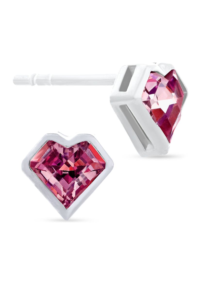 Red Cubic Zirconia Bezel Heart Stud Earrings in Sterling Silver