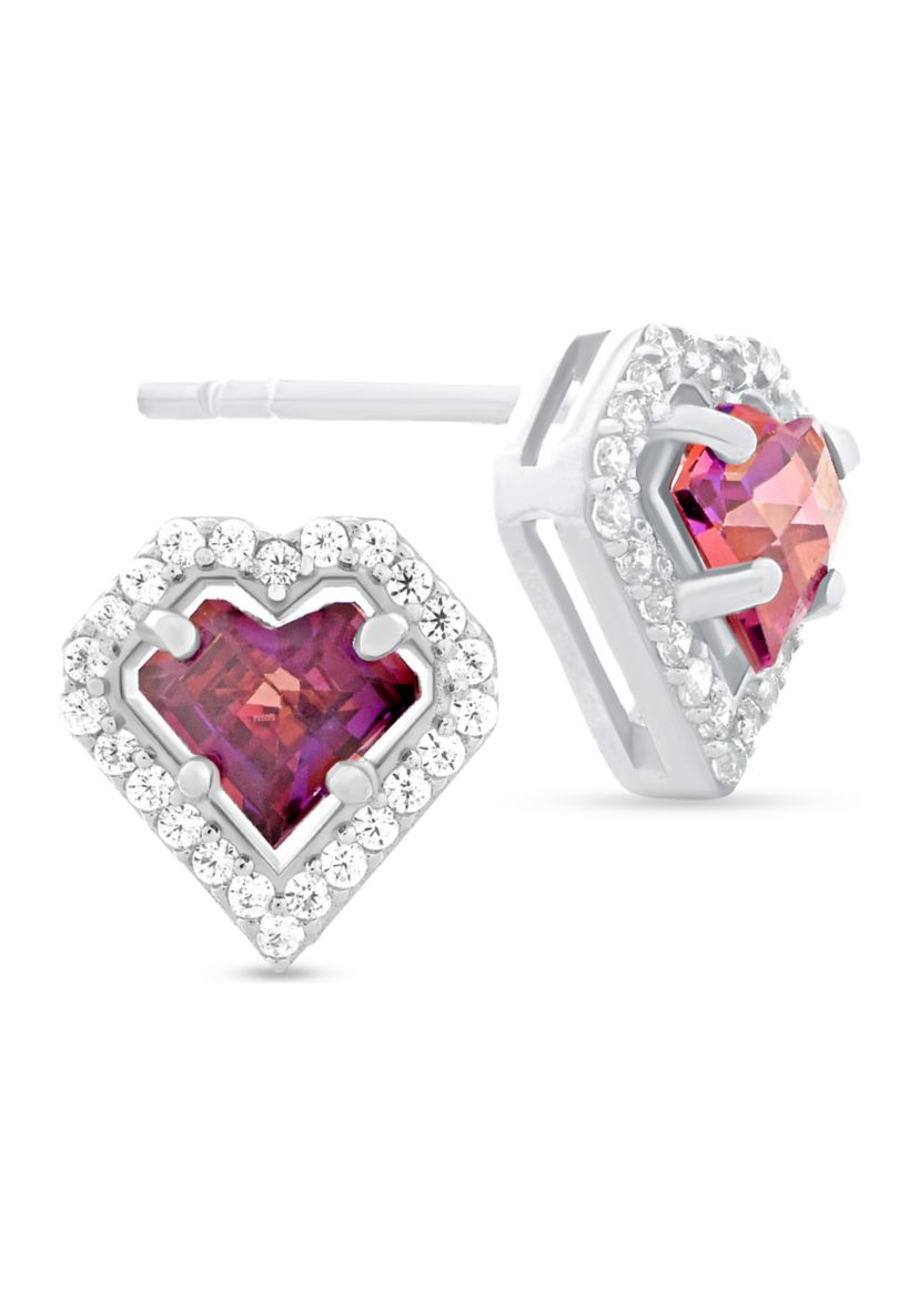 Red Cubic Zirconia Heart Frame Stud Earrings in Sterling Silver
