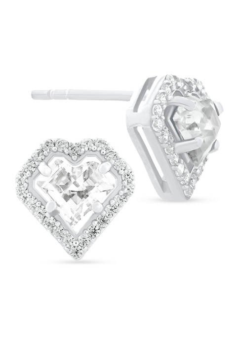 White Cubic Zirconia Heart Frame Stud Earrings in Sterling Silver