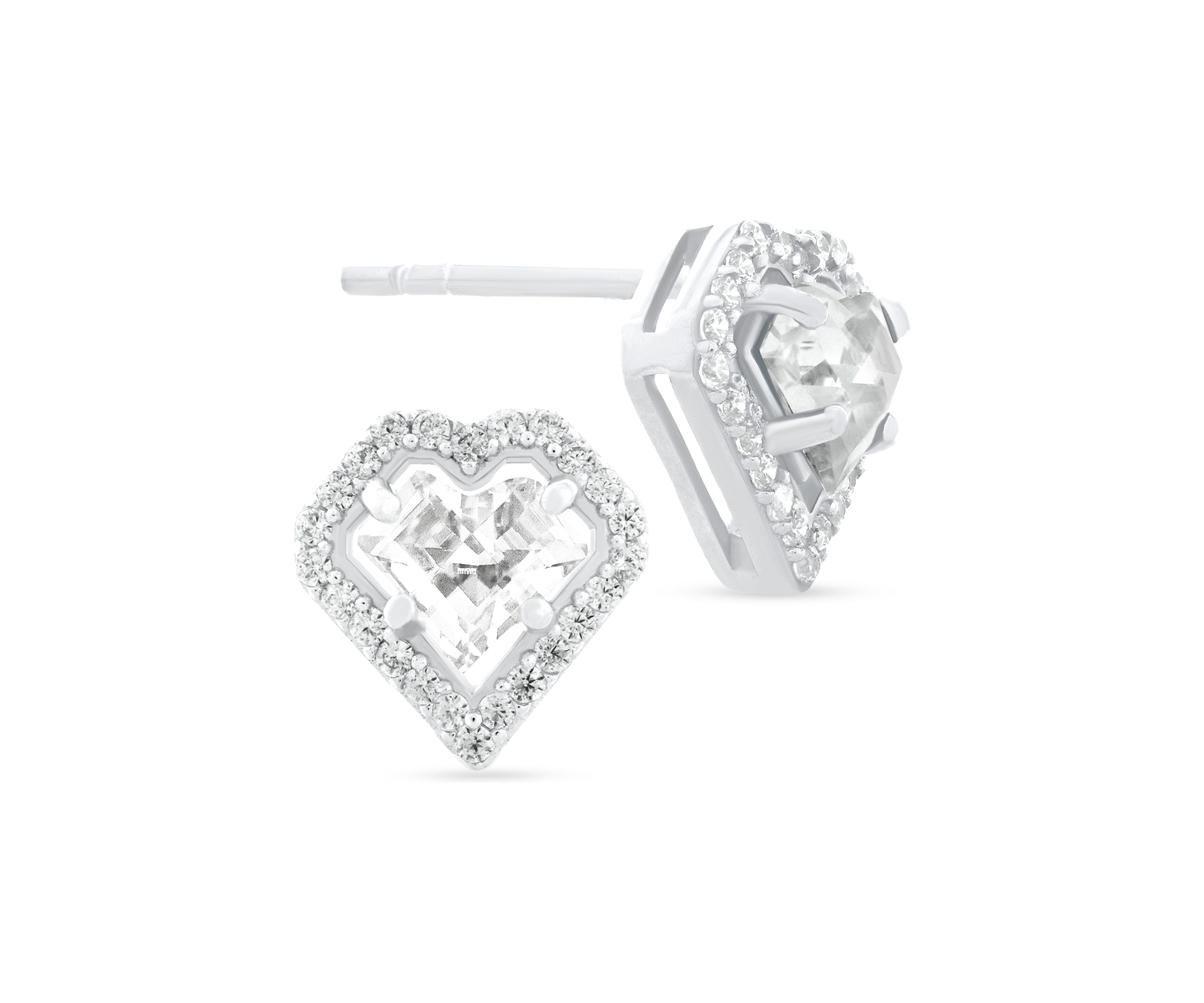 White Cubic Zirconia Heart Frame Stud Earrings in Sterling Silver