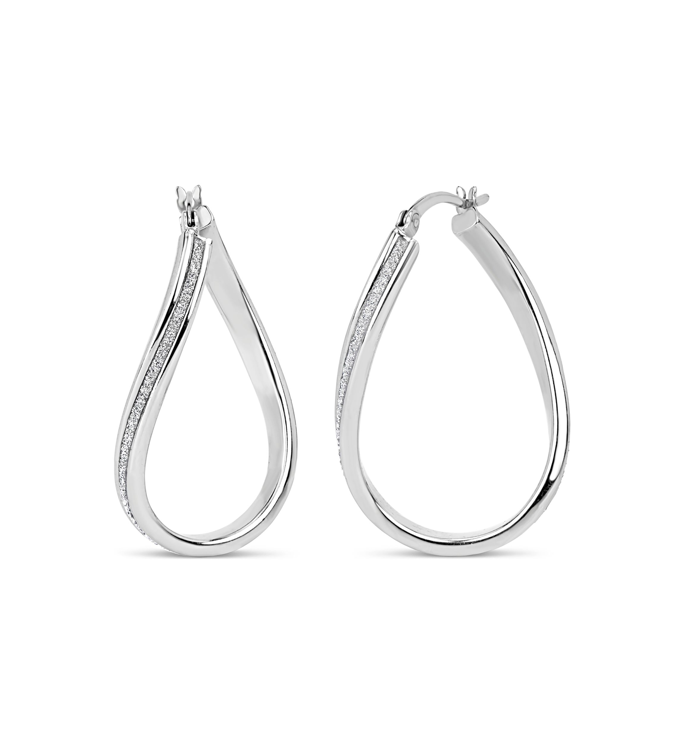  Sterling Silver Oval Twist Glitter Hoop Earrings 