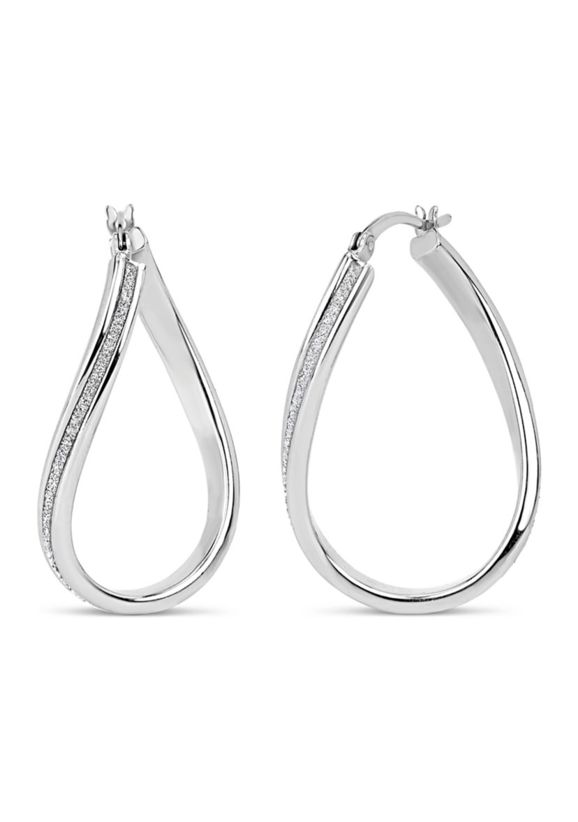  Sterling Silver Oval Twist Glitter Hoop Earrings 