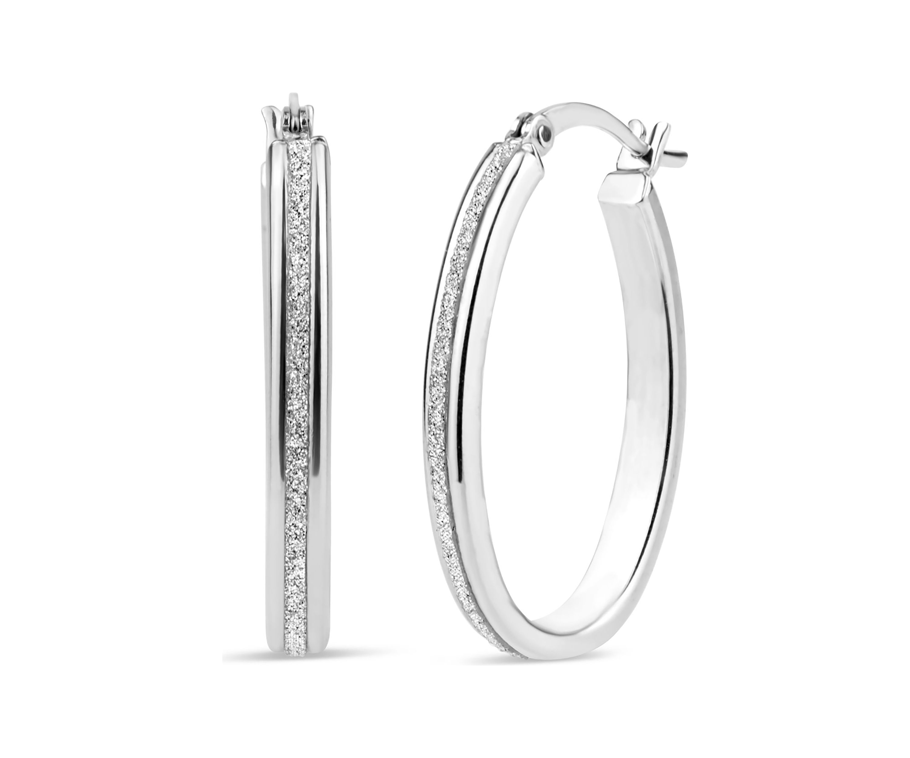 Silver Glitter 26x3 Oval Hoop Earrings in Sterling Silver