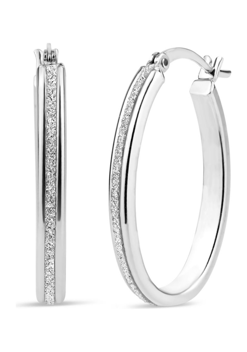 Silver Glitter 26x3 Oval Hoop Earrings in Sterling Silver
