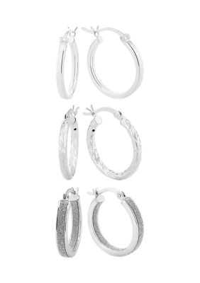 Designs by Helen Andrews Sterling Silver Polished, Diamond Cut and Glitter 3-Pair Hoop Earring Set