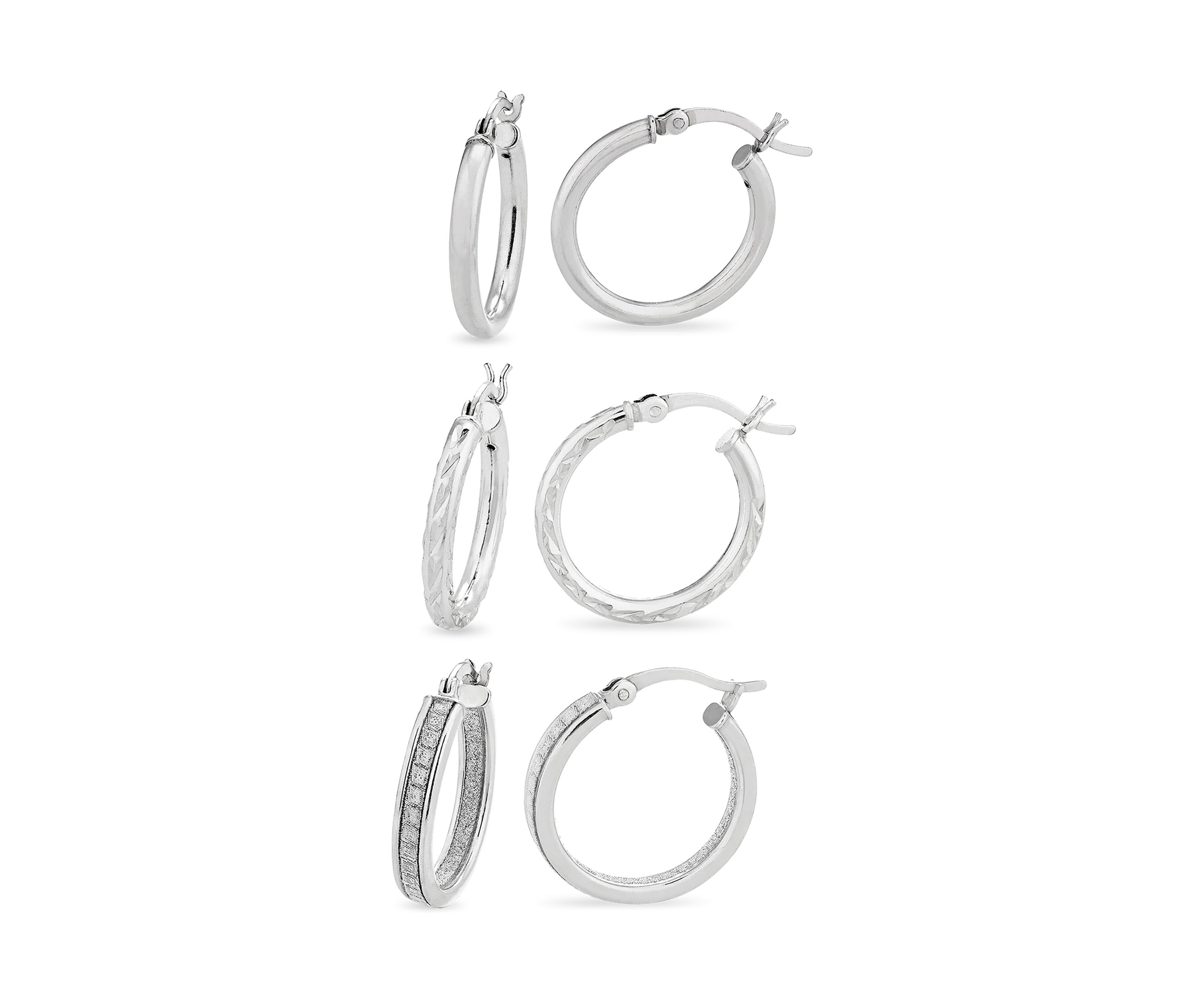  Sterling Silver Polished, Diamond Cut and Glitter 3-Pair Hoop Earring Set 