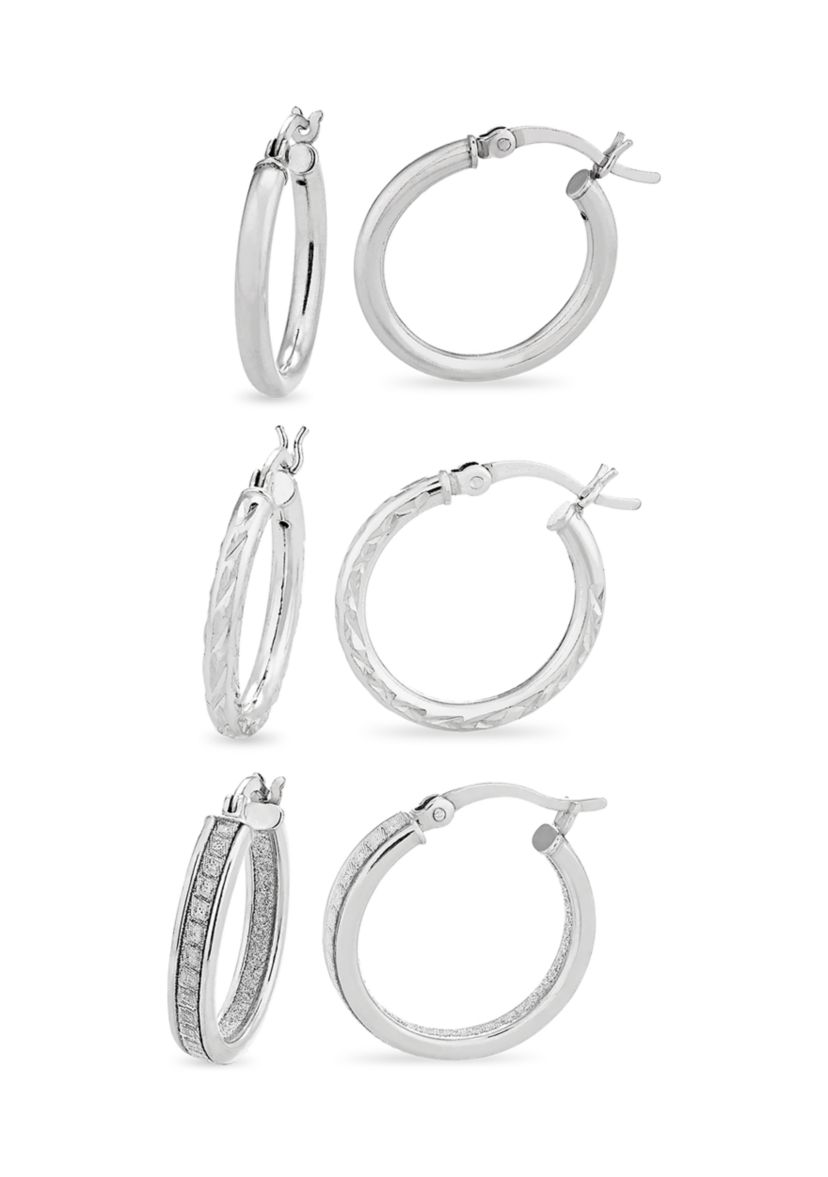  Sterling Silver Polished, Diamond Cut and Glitter 3-Pair Hoop Earring Set 