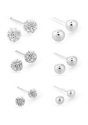 Designs by Helen Andrews Lab Created Clear Crystal and Polished Ball 6 Pair Earring Set in Sterling Silver
