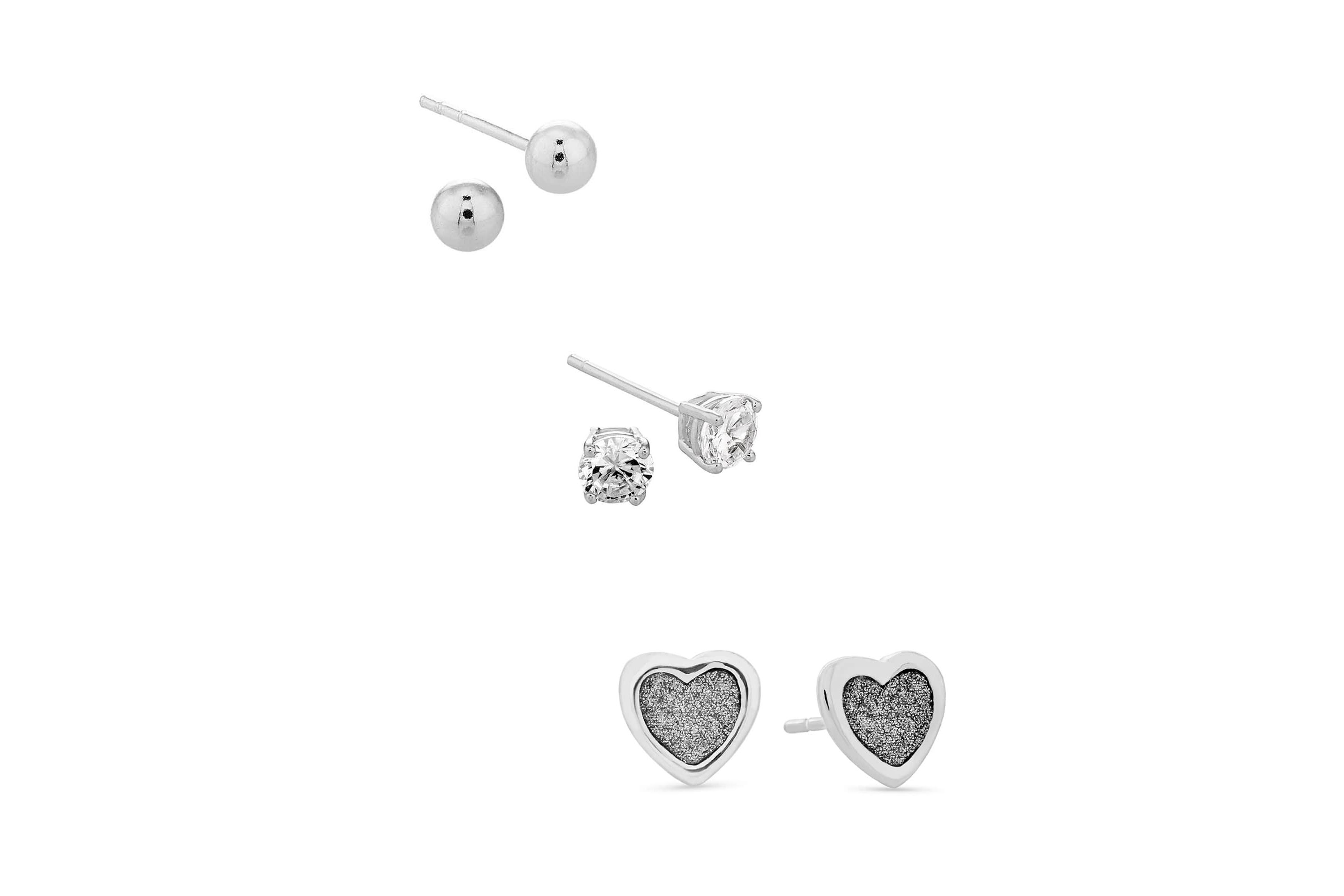 Lab Created Sterling Silver White Cubic Zirconia 4mm Round, Ball and Glitter Heart Stud Earring Set