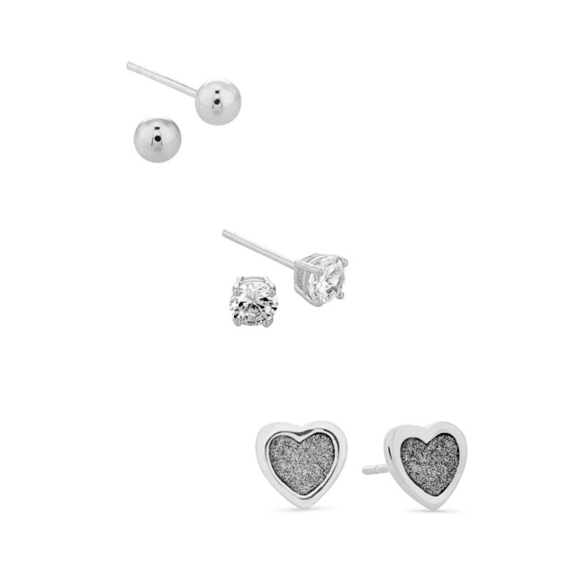 Lab Created Sterling Silver White Cubic Zirconia 4mm Round, Ball and Glitter Heart Stud Earring Set