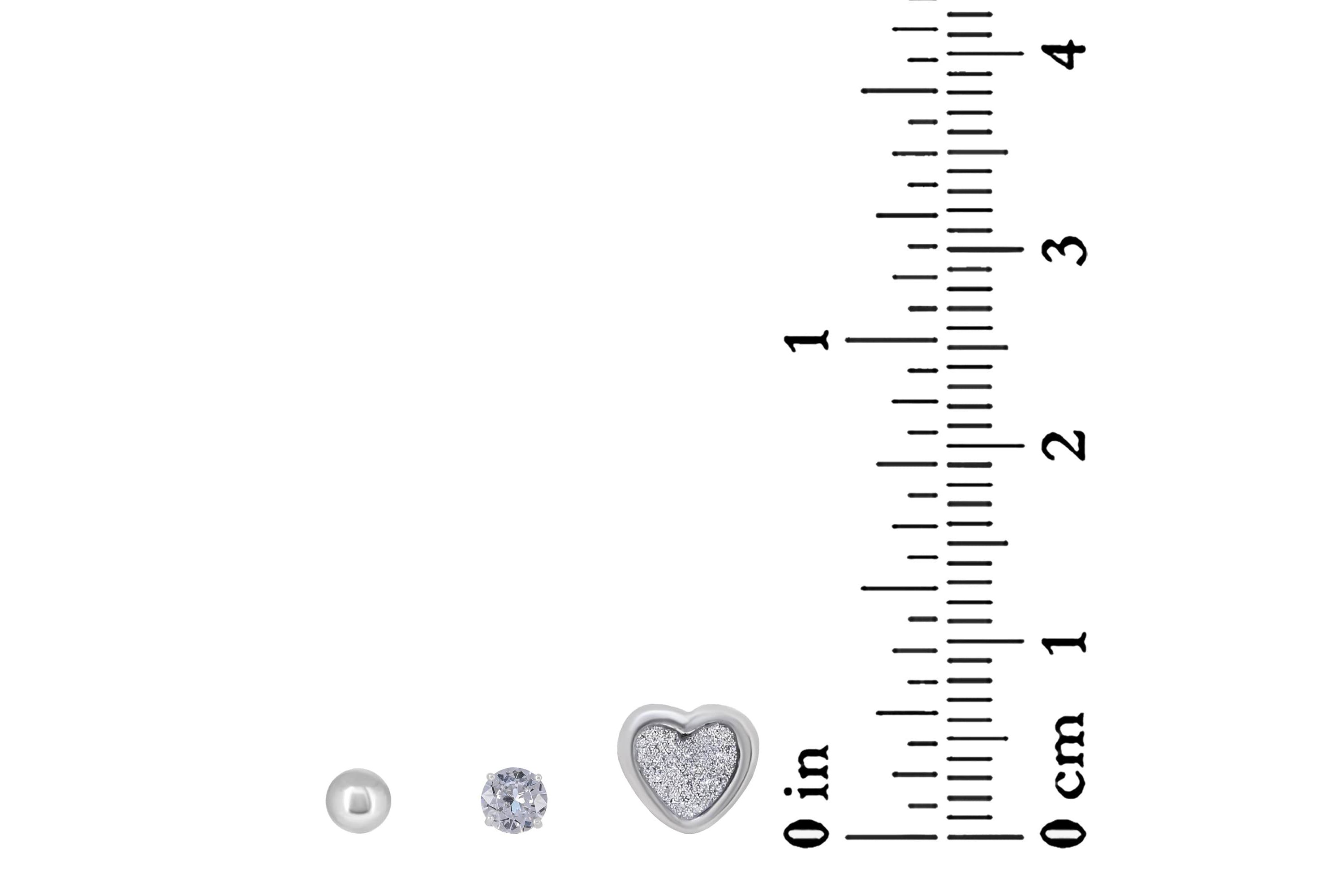 Lab Created Sterling Silver White Cubic Zirconia 4mm Round, Ball and Glitter Heart Stud Earring Set