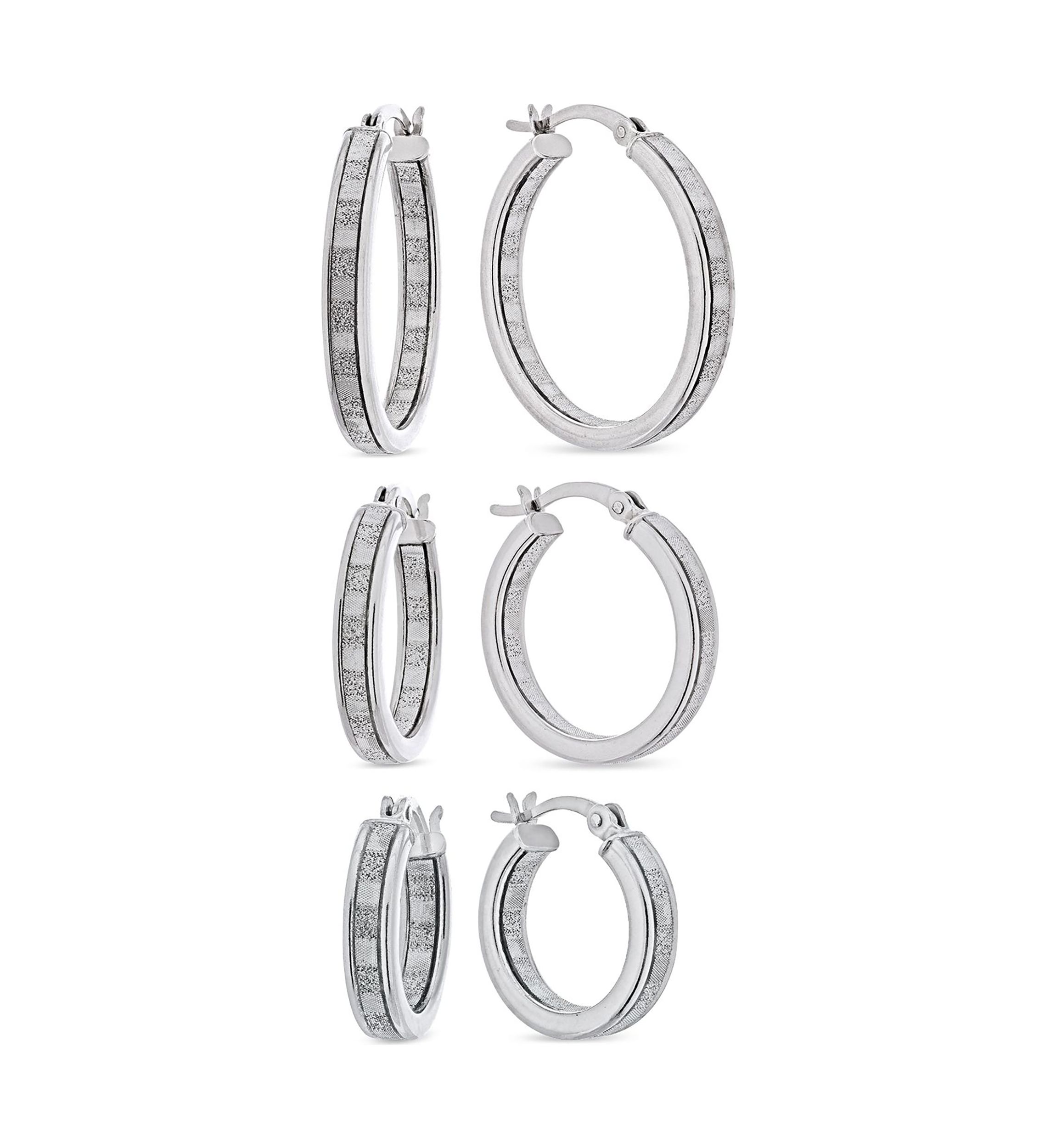 Graduated 3 Pair Glitter Hoop Earring Set in Sterling Silver