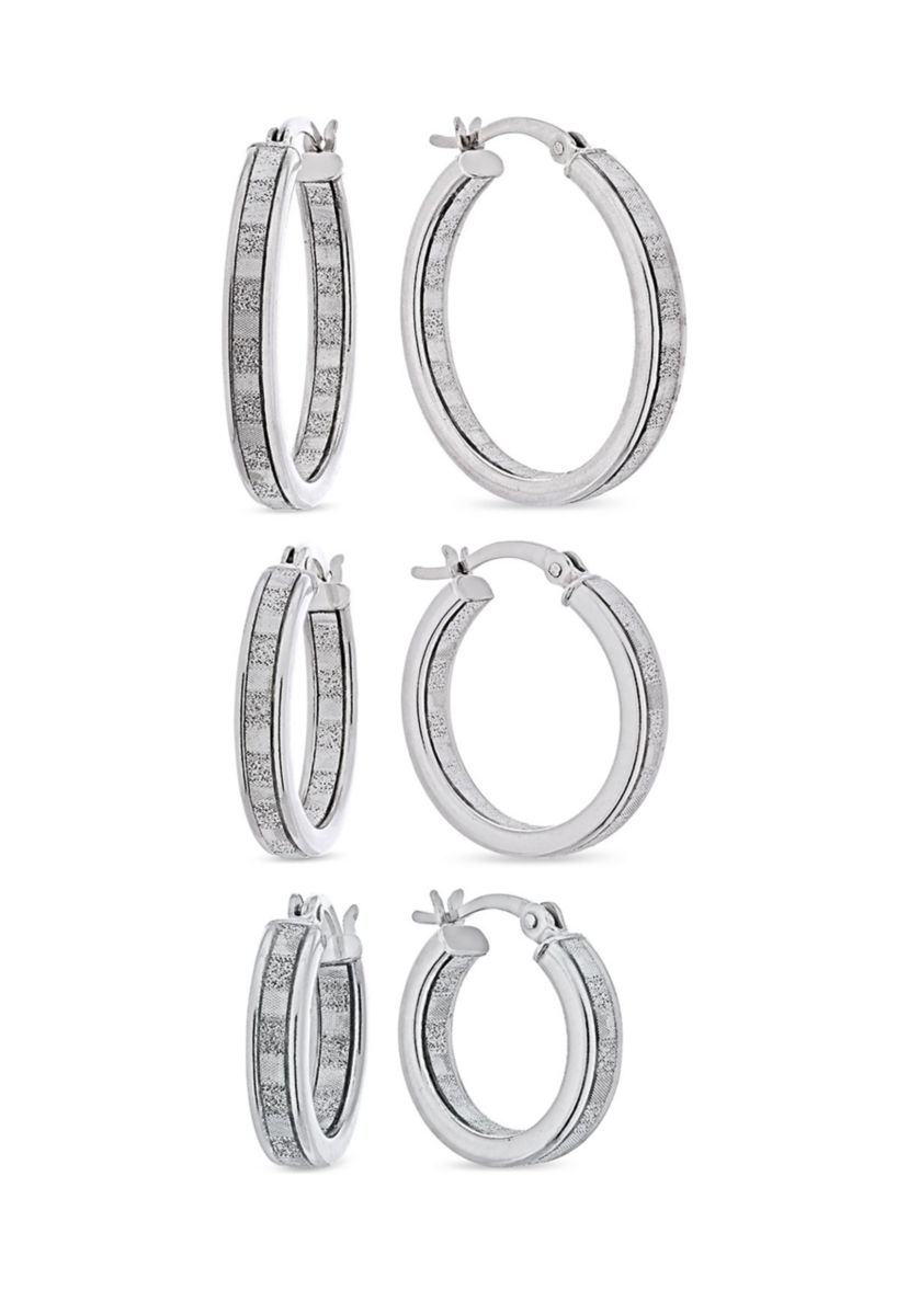 Graduated 3 Pair Glitter Hoop Earring Set in Sterling Silver