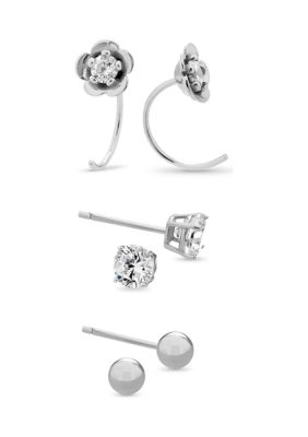 Designs by Helen Andrews Sterling Silver Cubic Zirconia Flower Hoop, Ball, and Stud 3 Pair Earring Set