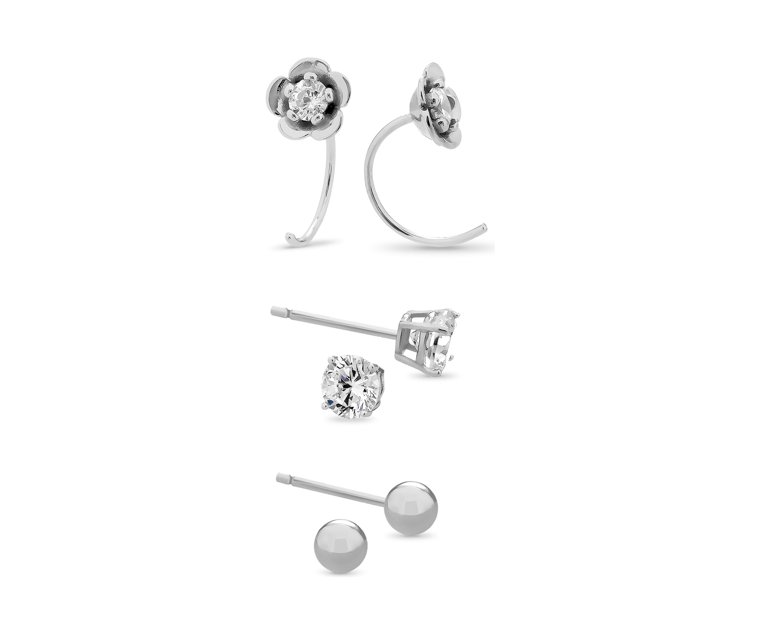 Sterling Silver Cubic Zirconia Flower Hoop, Ball, and Stud 3 Pair Earring Set