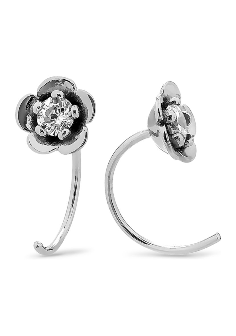 Sterling Silver Cubic Zirconia Flower Hoop, Ball, and Stud 3 Pair Earring Set