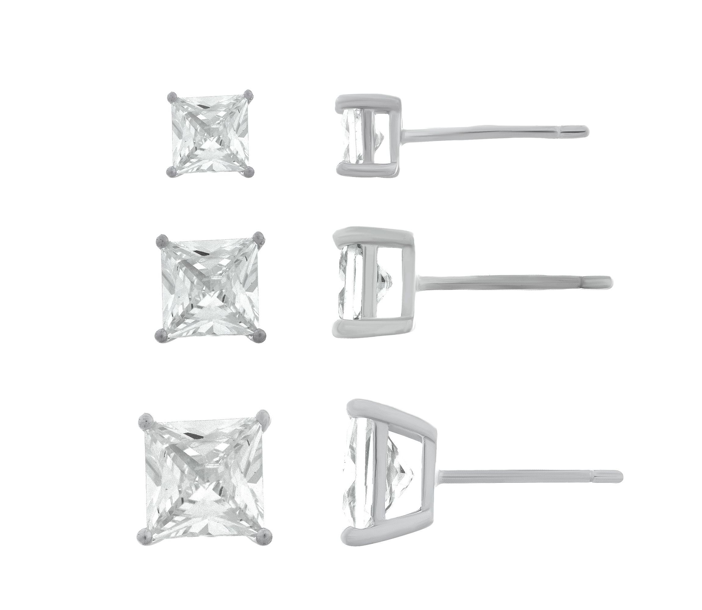 Sterling Silver Square Cubic Zirconia 3 Pair Stud Earring Set