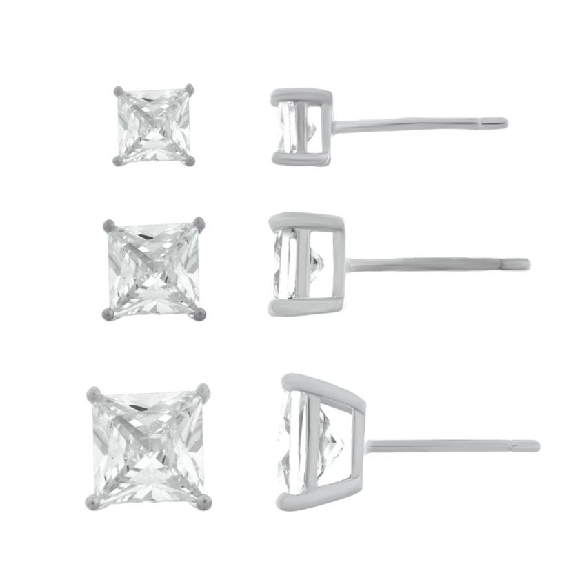 Sterling Silver Square Cubic Zirconia 3 Pair Stud Earring Set