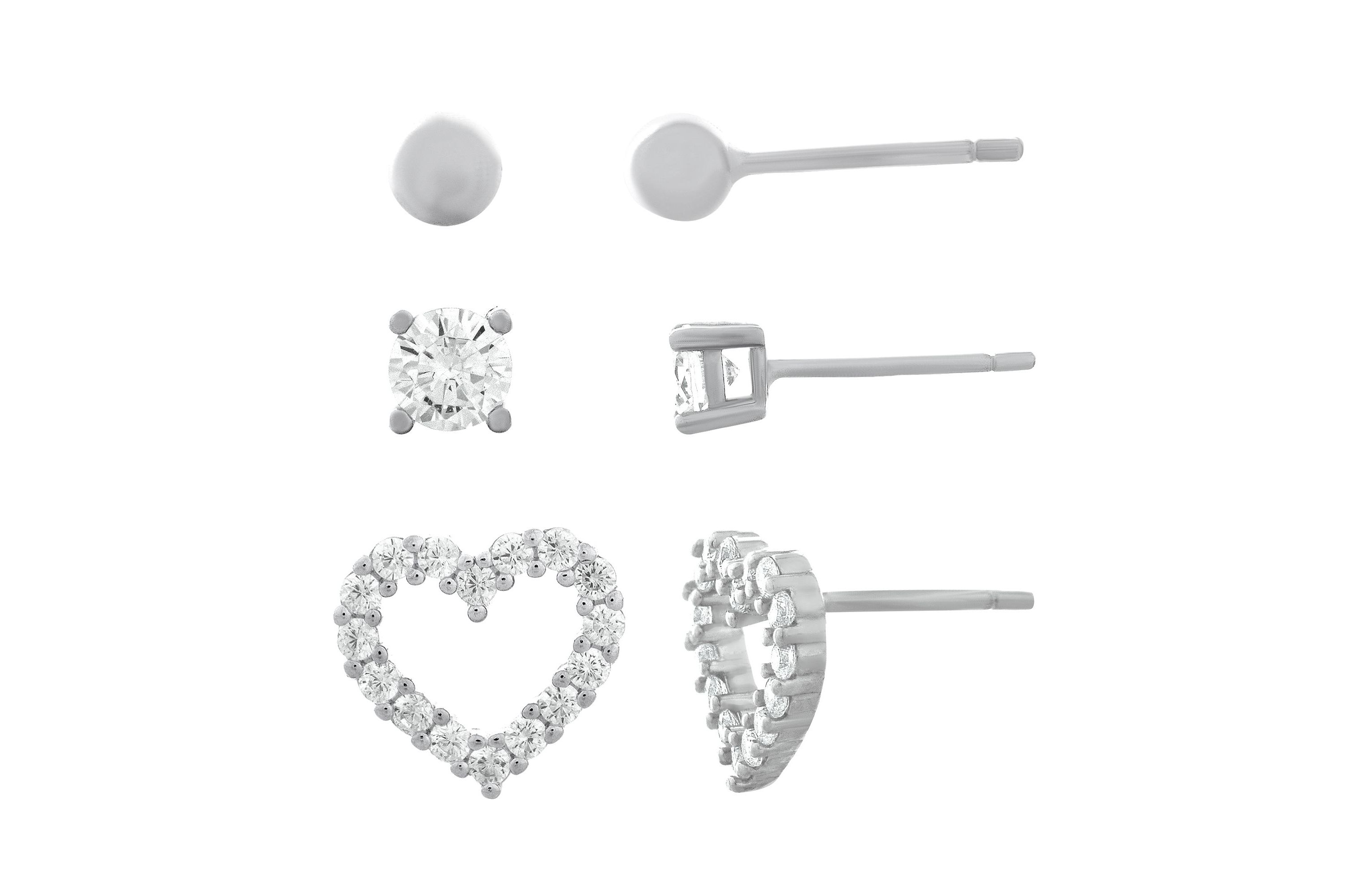 Sterling Silver Heart, Ball and Cubic Zirconia 3 Pair Stud Earring Set