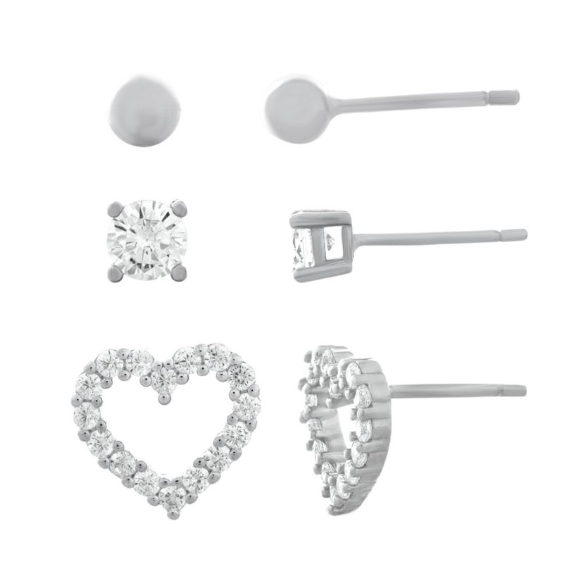 Sterling Silver Heart, Ball and Cubic Zirconia 3 Pair Stud Earring Set
