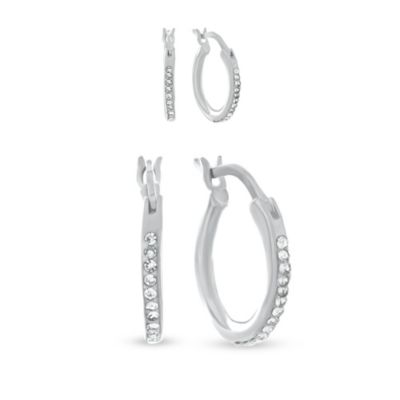 Forever New Sterling Silver Polished and Crystal 2 Pair Hoop Earring Set