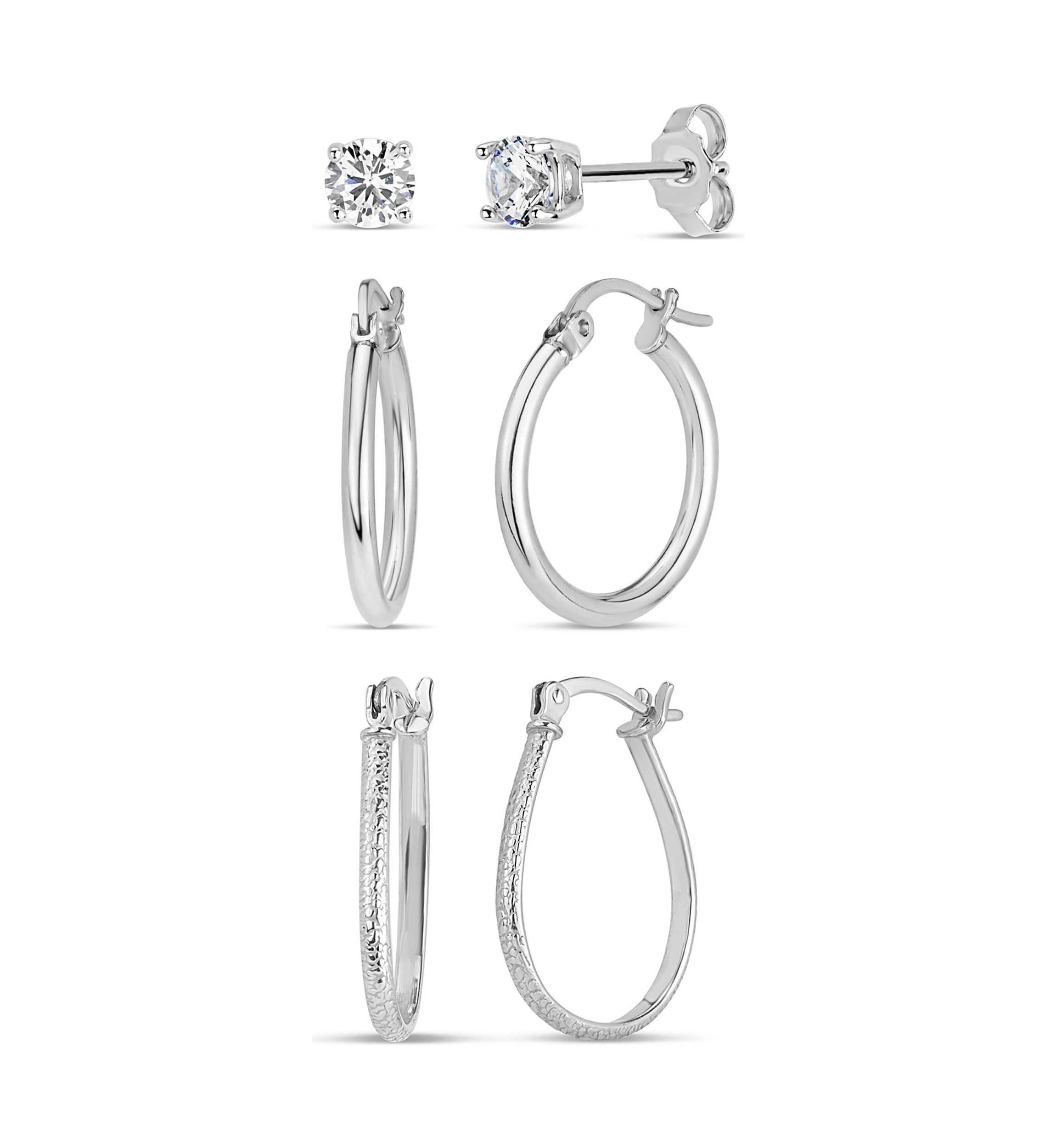 Lab Created 2 Pair Hoops and White Cubic Zirconia Stud Earring Set in Sterling Silver