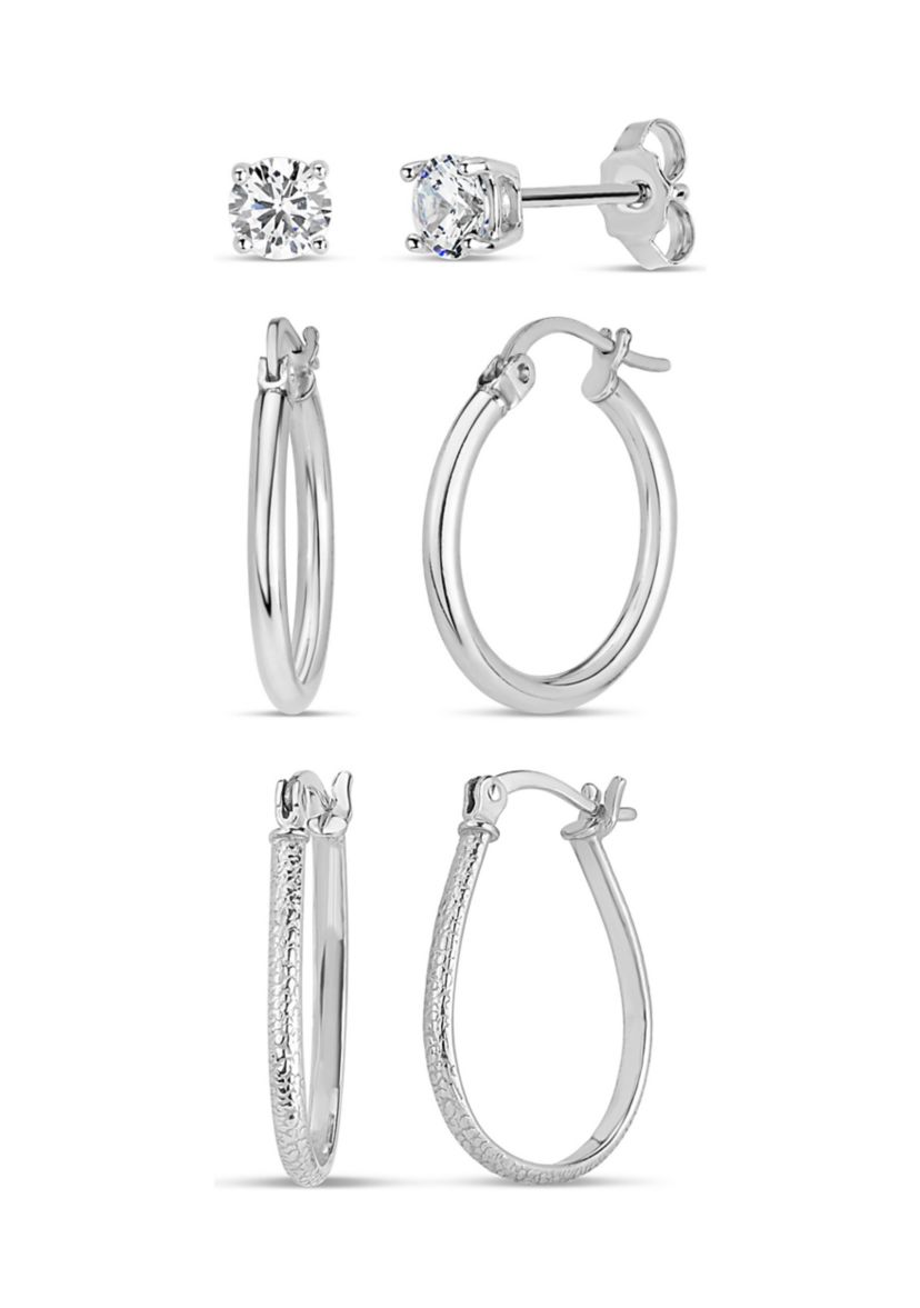 Lab Created 2 Pair Hoops and White Cubic Zirconia Stud Earring Set in Sterling Silver