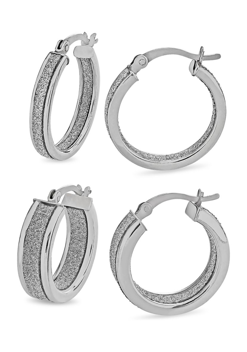  Sterling Silver Glitter 2 Pair Hoop Earring Set 