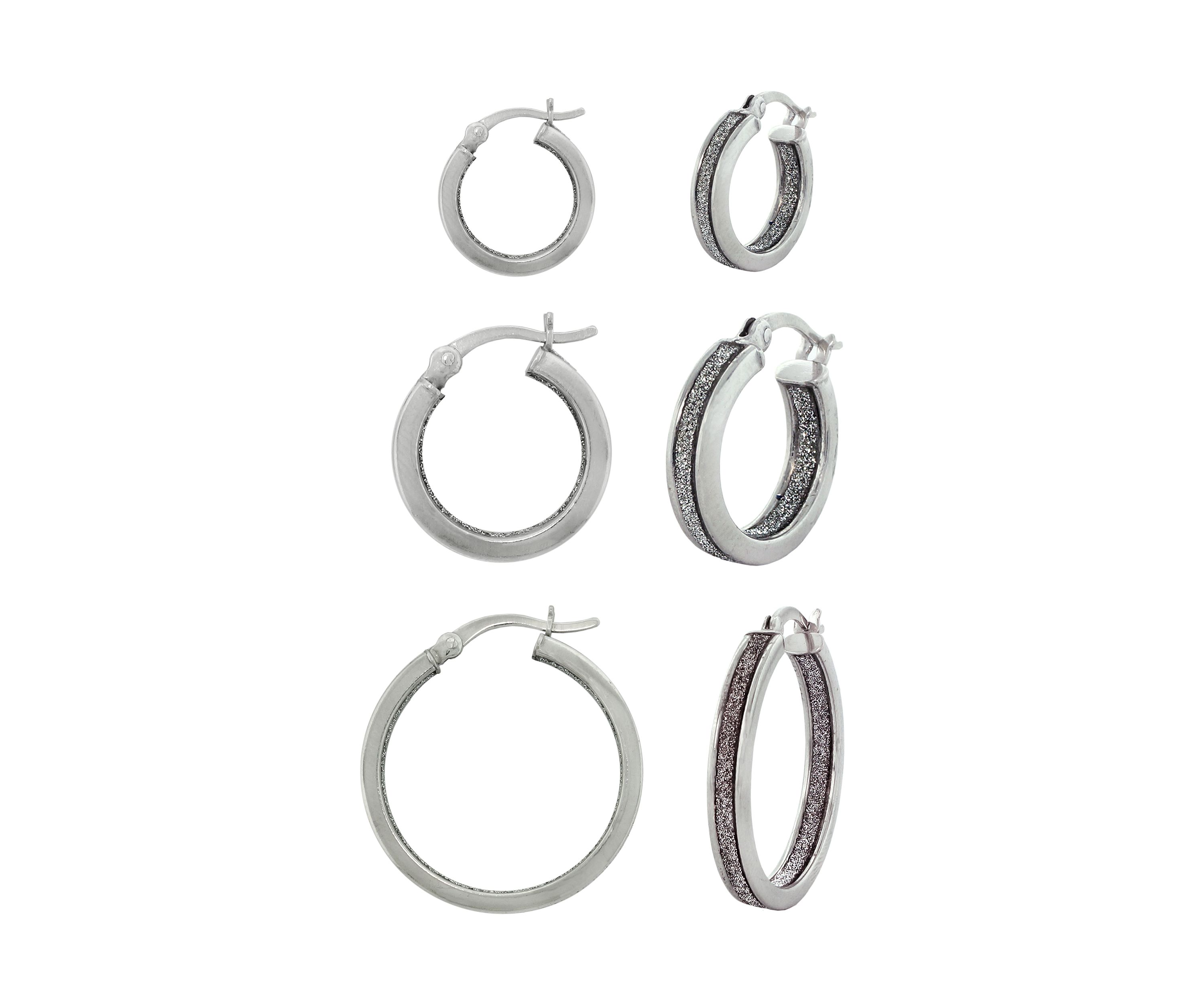  Sterling Silver Glitter 3 Pair Graduated Hoop Earring Set 