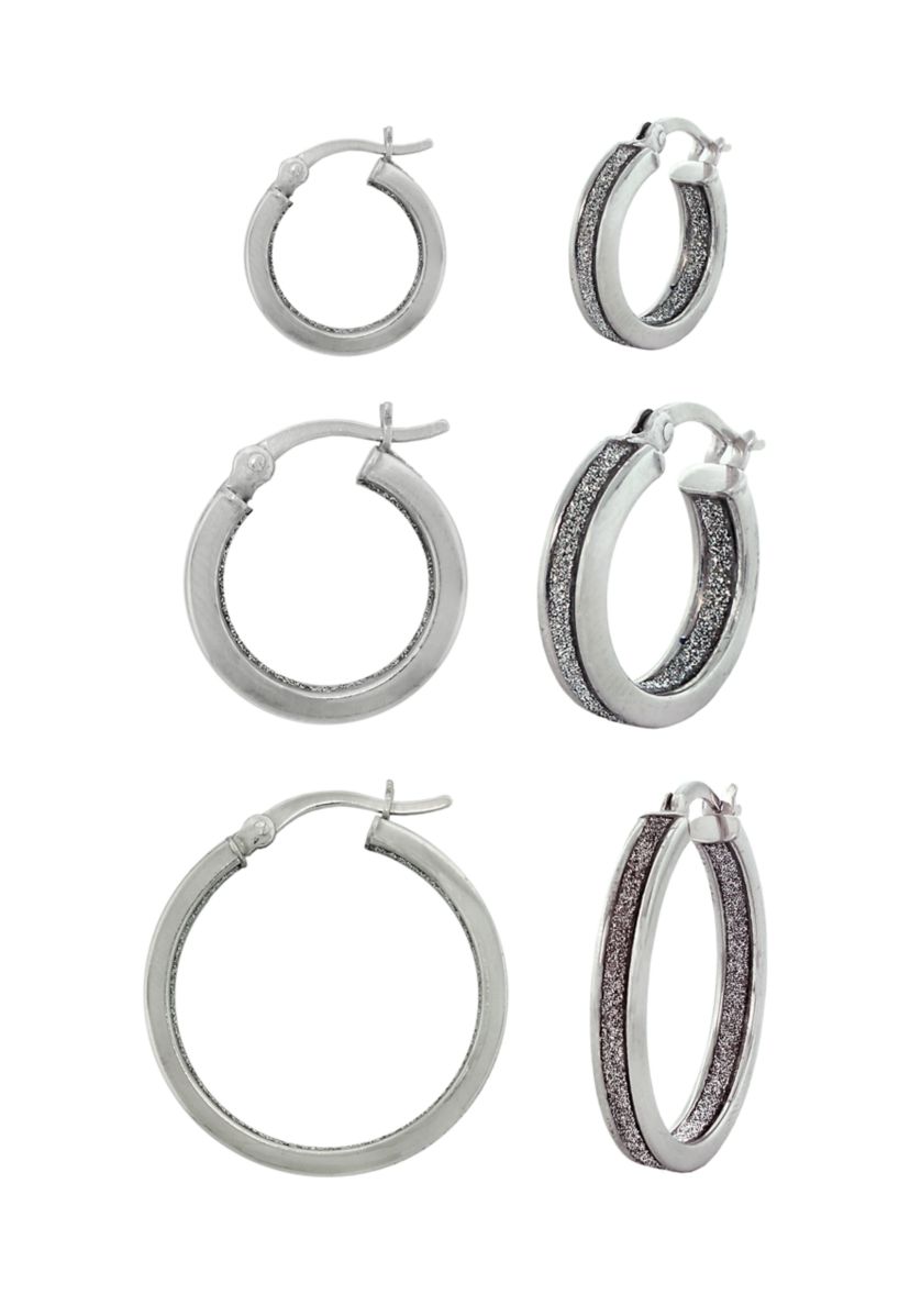  Sterling Silver Glitter 3 Pair Graduated Hoop Earring Set 