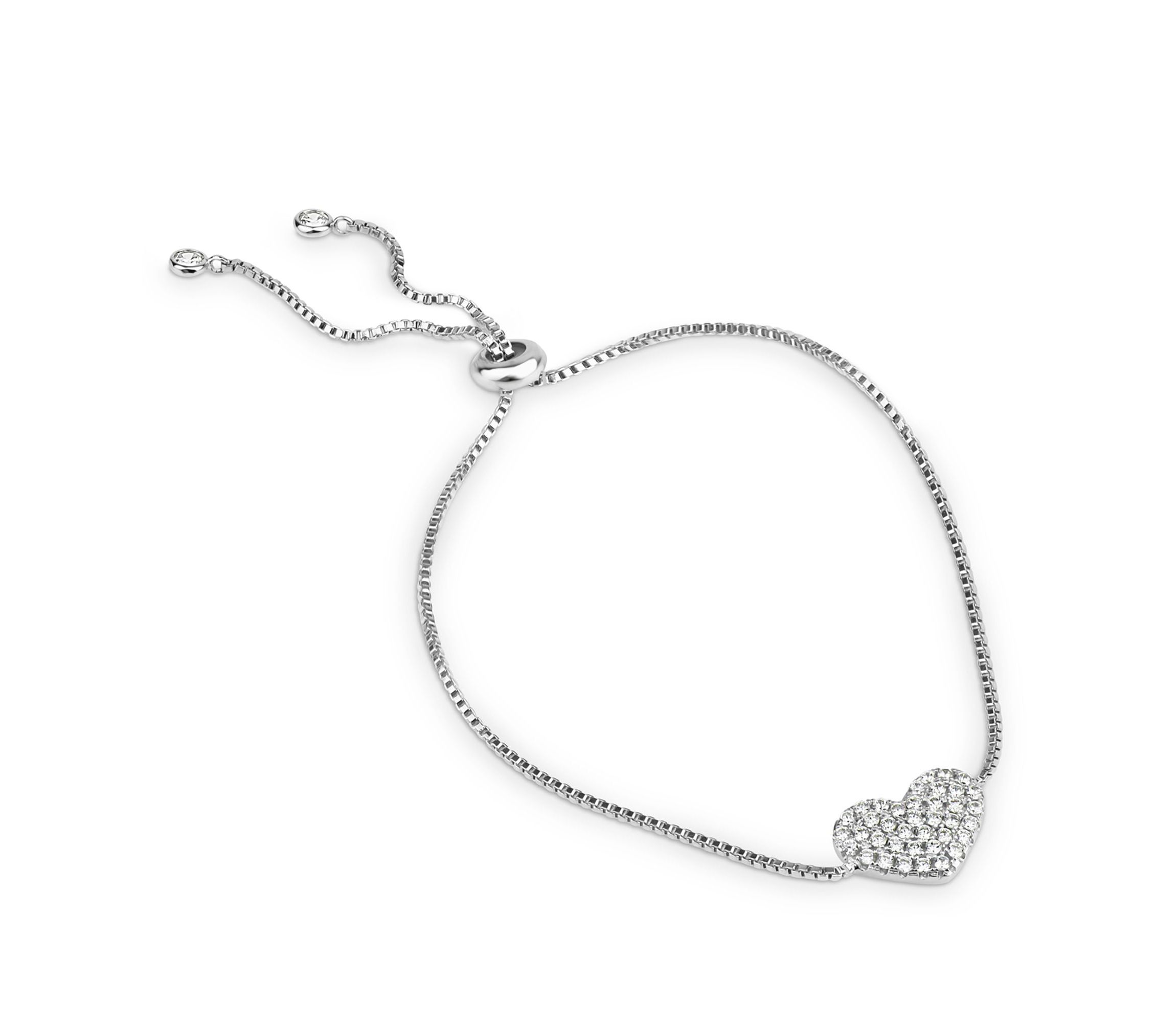 Sterling Silver Cubic Zirconia Heart Adjustable Bolo 7-10 Inch Bracelet