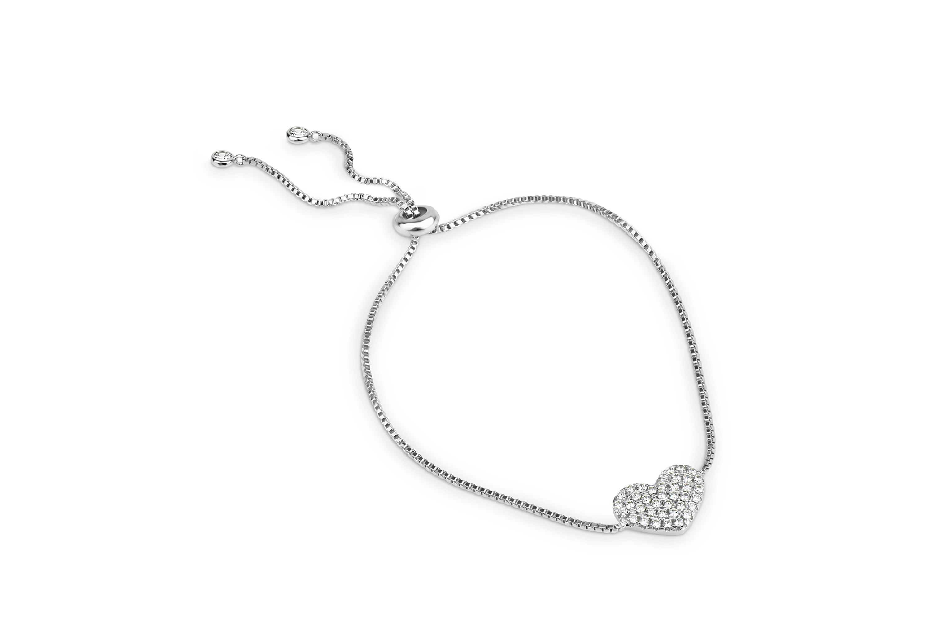 Sterling Silver Cubic Zirconia Heart Adjustable Bolo 7-10 Inch Bracelet