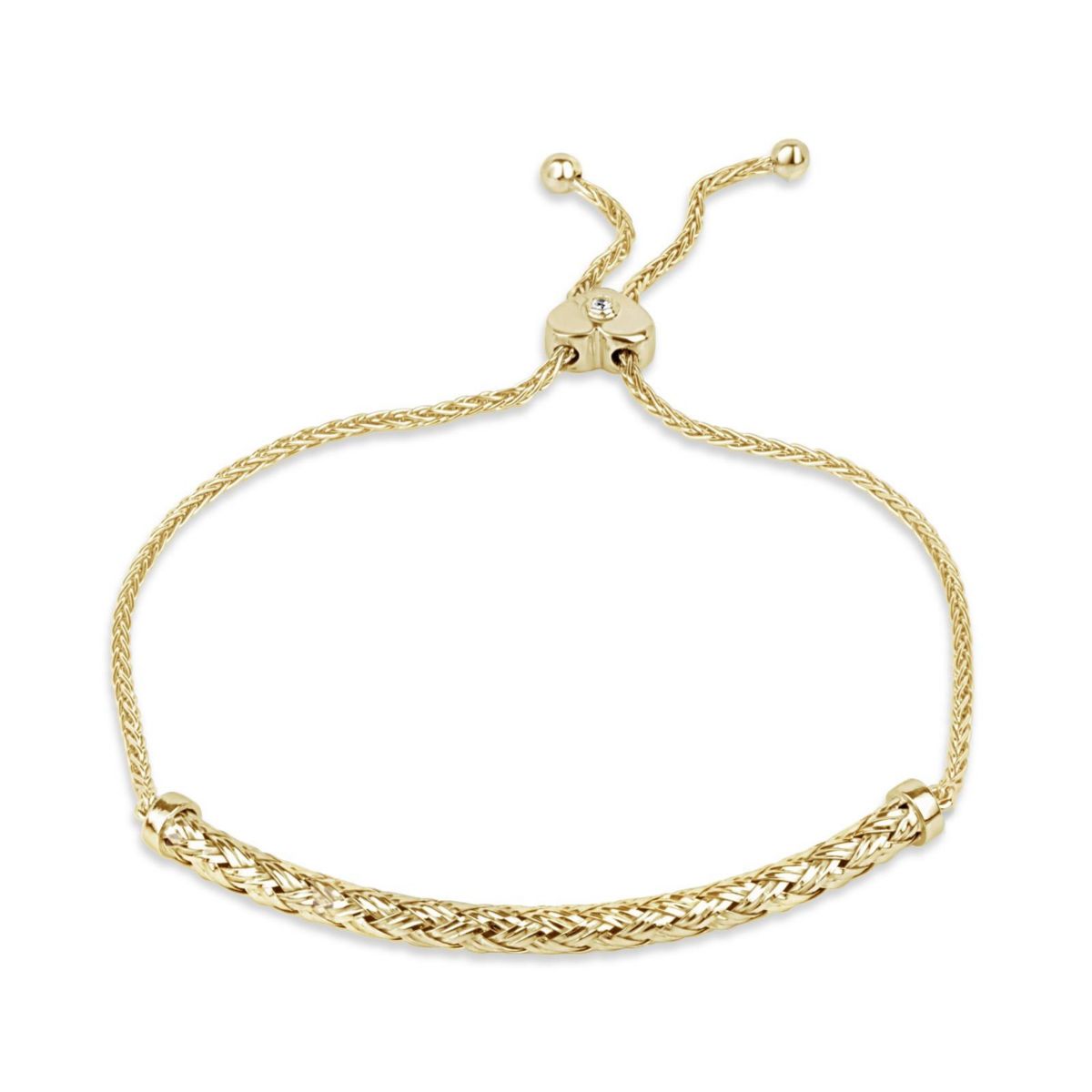 Lab Created 18K Gold Plated Sterling Silver White Cubic Zirconia Triple Wheat Curved Bar 7-10 Inch Adjustable Bolo Bracelet