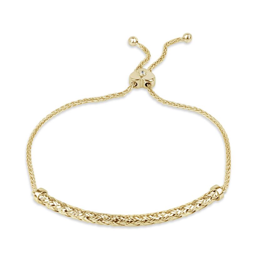 Lab Created 18K Gold Plated Sterling Silver White Cubic Zirconia Triple Wheat Curved Bar 7-10 Inch Adjustable Bolo Bracelet