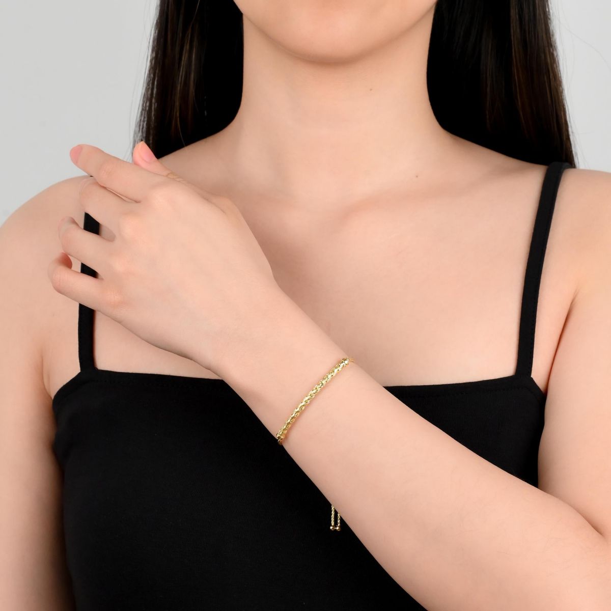 Lab Created 18K Gold Plated Sterling Silver White Cubic Zirconia Triple Wheat Curved Bar 7-10 Inch Adjustable Bolo Bracelet
