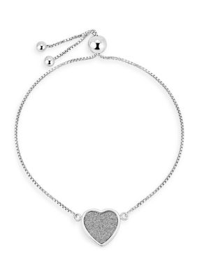 Designs by Helen Andrews Sterling Silver Rhodium Plated Glitter Heart Adjustable Bolo 10 Inch Bracelet, 15 in