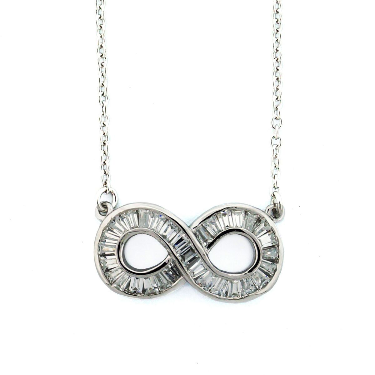 Platinum Plated Sterling Silver Cubic Zirconia Baguette Infinity Pendant 18-Inch Necklace