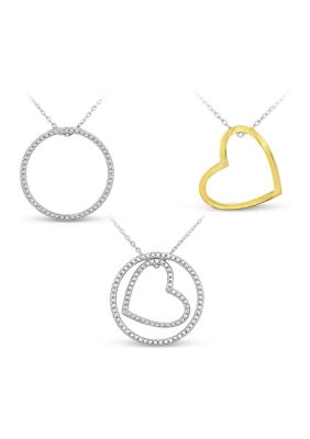 Designs by Helen Andrews Diamond Accent Heart and Circle Interchangeable Pendant Necklace in Two tone Sterling Silver