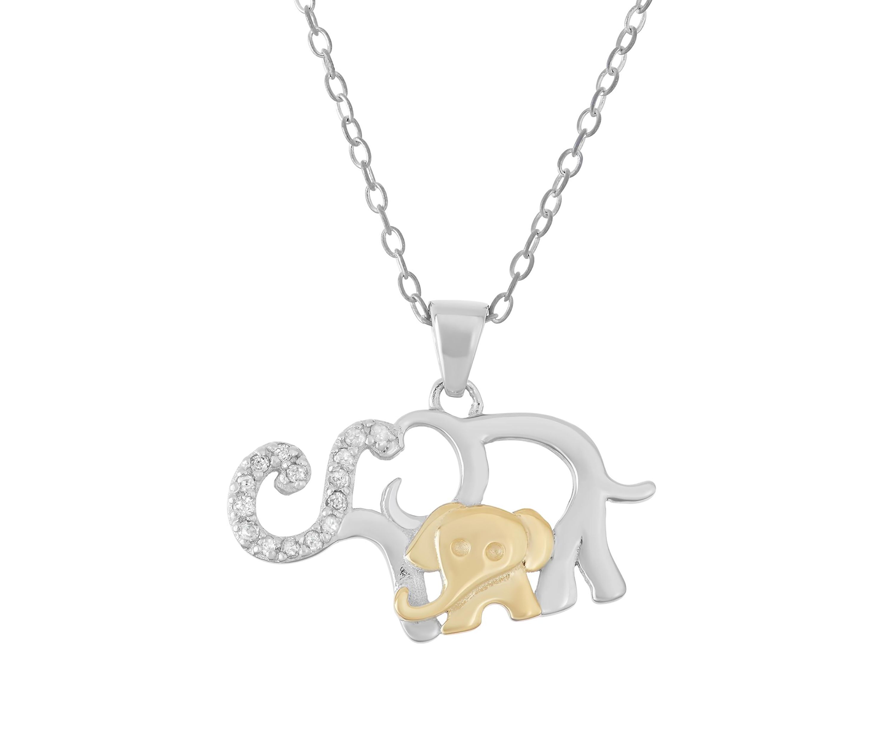Diamond Accent Elephant with Baby Pendant Necklace in Sterling Silver