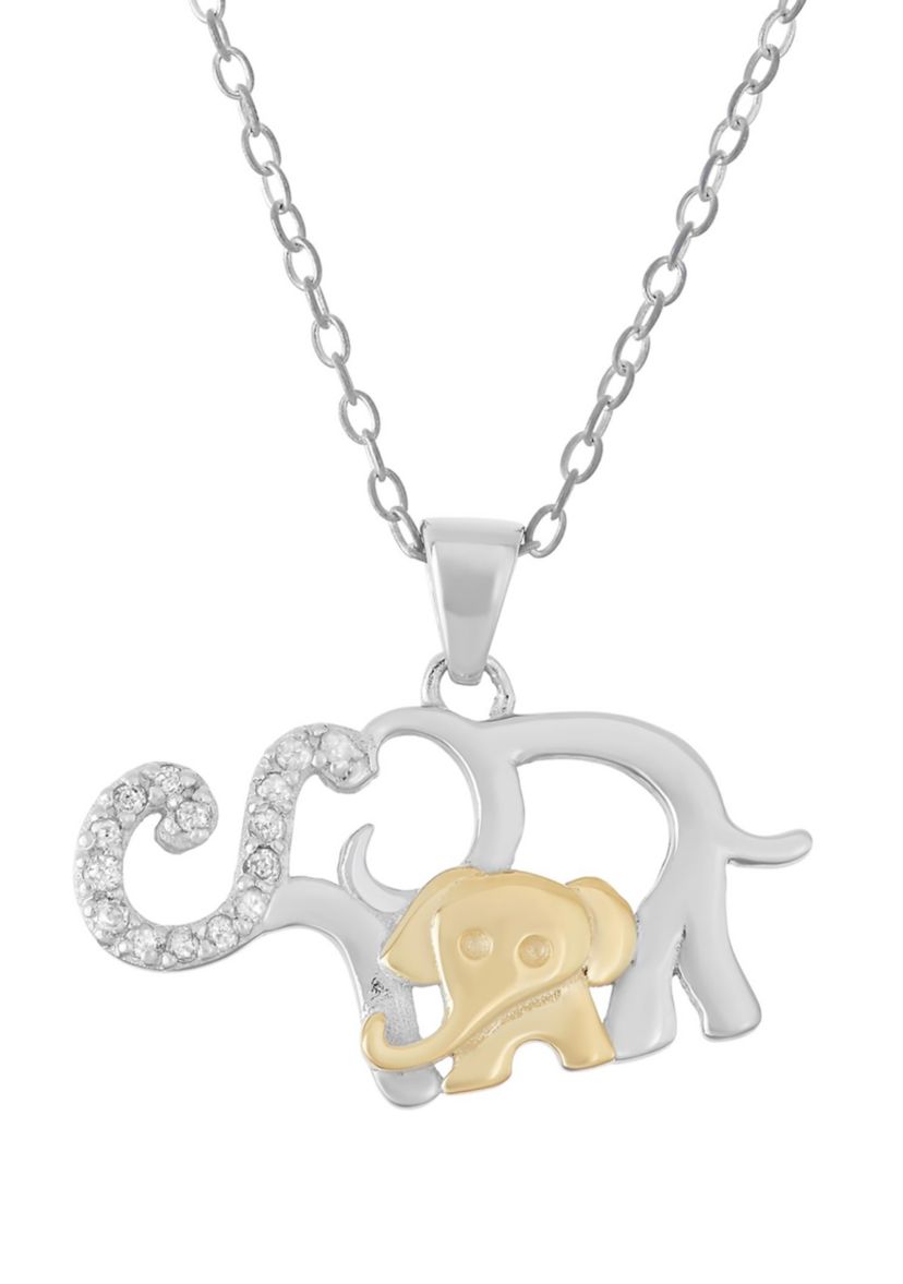 Diamond Accent Elephant with Baby Pendant Necklace in Sterling Silver