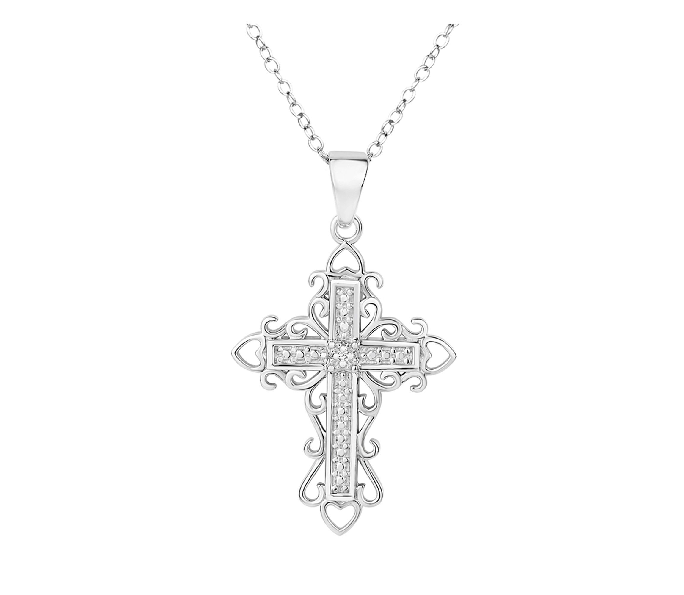 Sterling Silver Platinum Plated Diamond Accent Cross Pendant 18 Inch Necklace