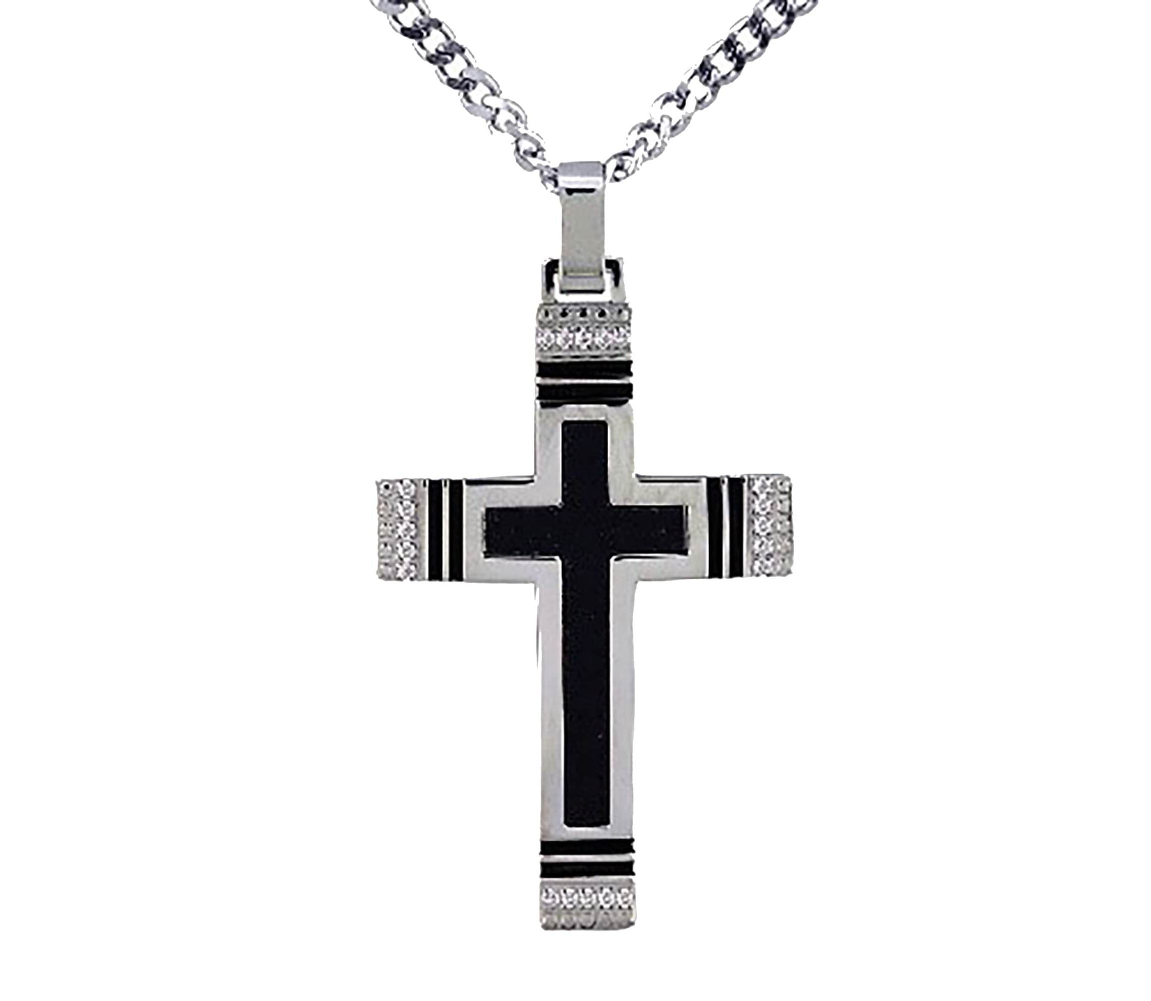 Lab Created Stainless Steel 50mm White Cubic Zirconia Carbon Fiber Reversible Wood Cross Pendant 24-Inch Necklace