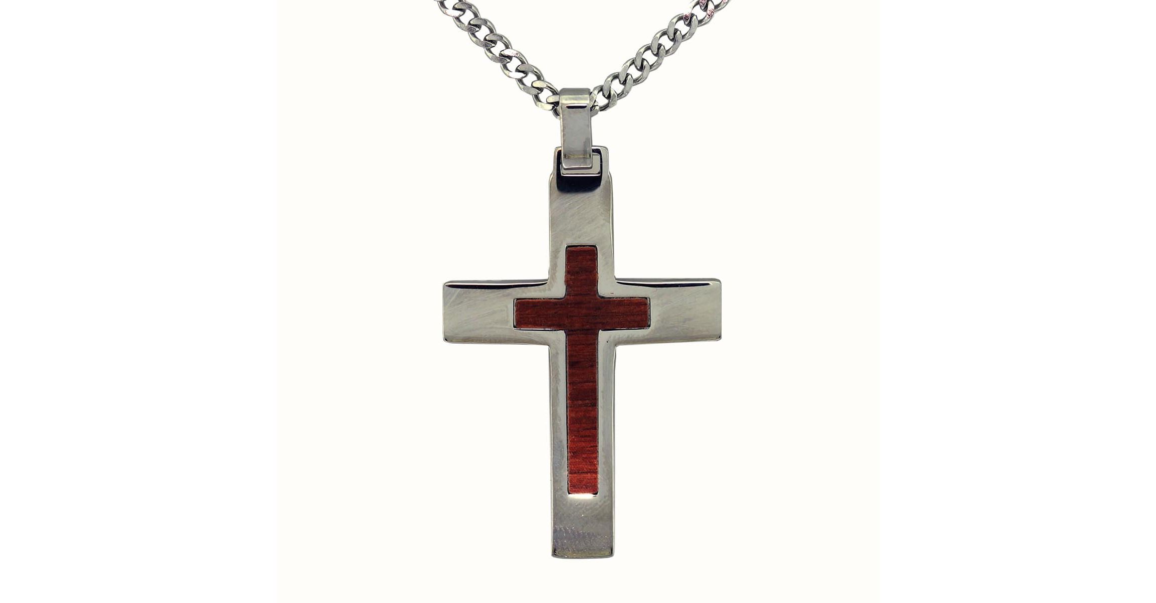 Lab Created Stainless Steel 50mm White Cubic Zirconia Carbon Fiber Reversible Wood Cross Pendant 24-Inch Necklace