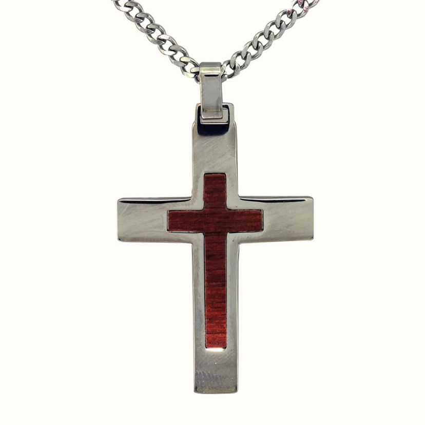 Lab Created Stainless Steel 50mm White Cubic Zirconia Carbon Fiber Reversible Wood Cross Pendant 24-Inch Necklace