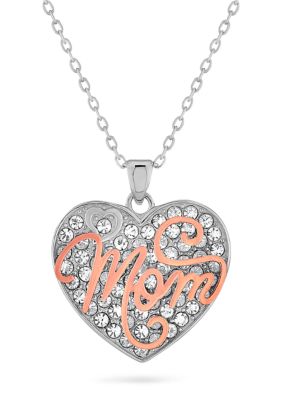 Forever New Lab Created 18K Rose Gold Plated Sterling Silver Mom Crystal Heart Pendant 18-Inch Necklace