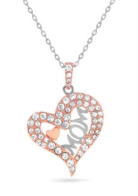 Forever New Lab Created 14K Rose Gold Plated Sterling Silver Crystal Open Heart Mom Pendant 18-Inch Necklace