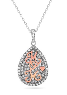 Forever New Lab Created 14K Rose Gold Plated Sterling Silver Crystal Pear Mom Pendant 18-Inch Necklace
