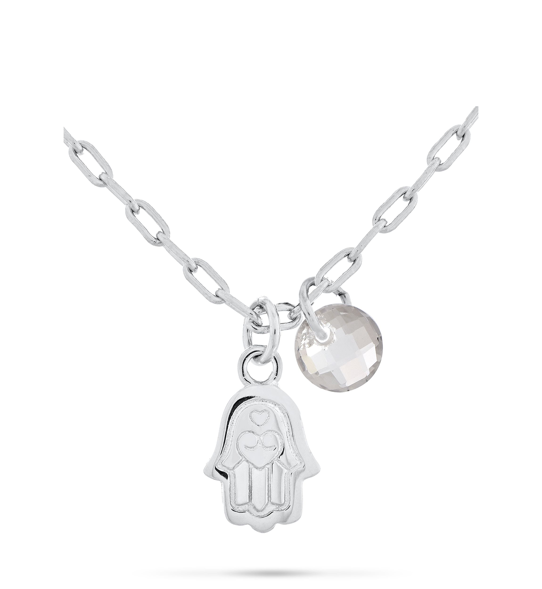 Briolette Cut White Glass and Hamsa Pendant Necklace in Sterling Silver