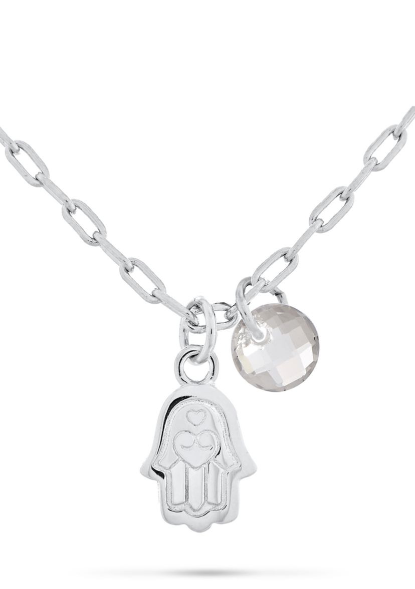 Briolette Cut White Glass and Hamsa Pendant Necklace in Sterling Silver